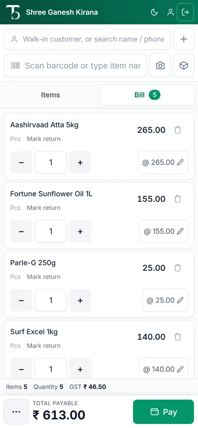 Total Bill POS counter on a phone with items in the bill and a Pay button
